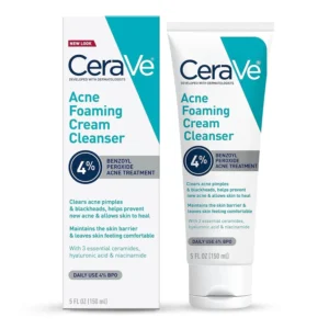 CeraVe Acne Foaming Cream Cleanser – 4% Benzoyl Peroxide Acne Treatment for Face